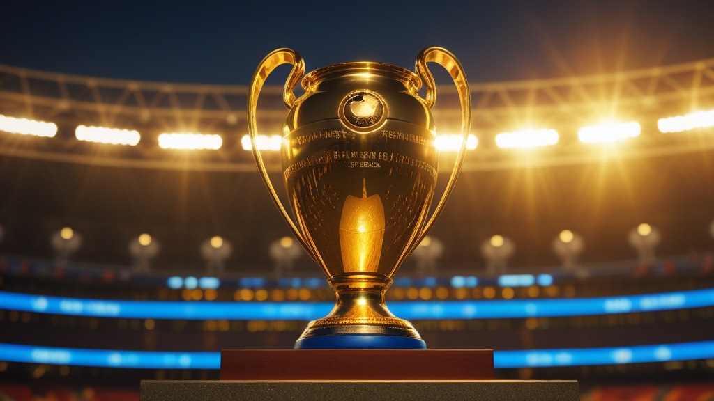 Cúp vàng vô địch World Cup đặt trang trọng dưới ánh đèn sân vận động